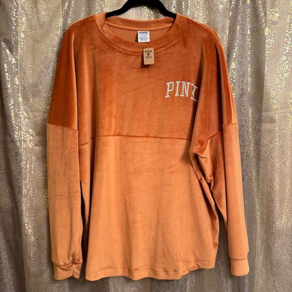PINK Victorias Secret Cinnamon Spice Velour Orange Varsity Crew Sweater L NWT - Picture 1 of 10